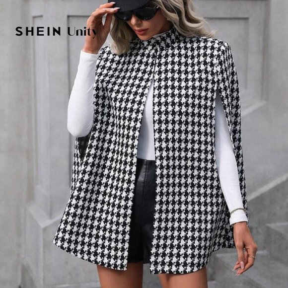 SHEIN Clasi Houndstooth Open Front Cape Coat - Picture 1 of 6